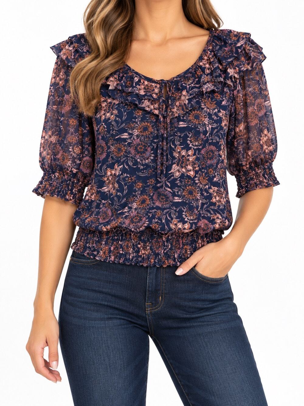 EVEREVE Navy Floral Ruffle Smocked Blouse Medium Boho Romantic